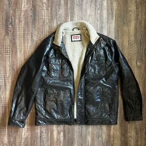 Levis Mens XL Brown Sherpa Lined Collared Faux Leather Jacket Coat